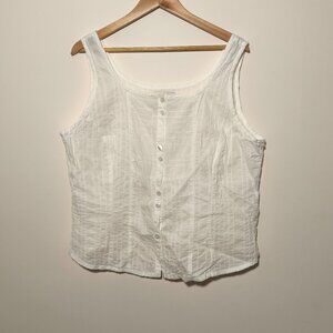 Flax Cotton Button Down Textured Sleeveless Top sz L White Cottagecore Coastal